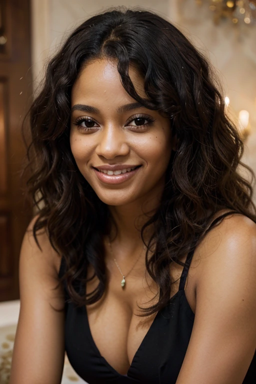 image of a [Black Woman with Curly Hair] [Brazilian Woman] and with a [Welcoming Expression] [very detailed] with a [Beautiful Smile] and [Beautiful Eyes] who is 35 years old in a [Luxurious Setting] and [Vibrant Colors].

