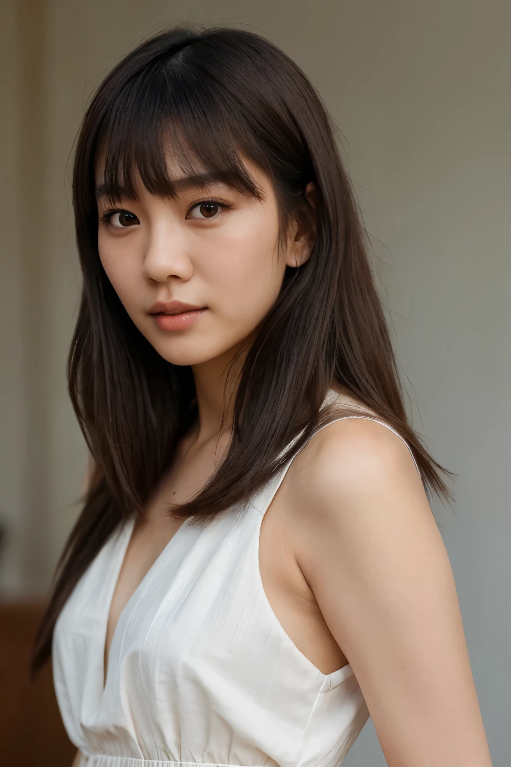RAW photo, best quality, ultra high resolution, photorealistic asian woman, natural brown eyes, minutely detailed, normal skin, Hairstyle and bangs, long hair, full view, natural makeup, subtle makeup, beautiful dress, full body