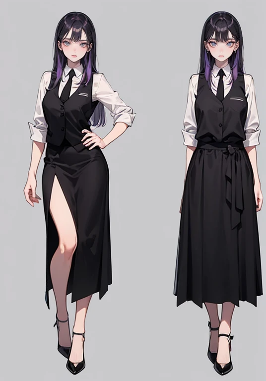 ((Perfect Face)),Purple Hair,Long Hair,1 female,bartender,Black vest,Shirt with rolled up sleeves,tie,slit,High heels,,((Simple Background)),smile,((whole body)),((whole body)),Portraiture,virtual,upright,,Standing upright with face and body facing forward,