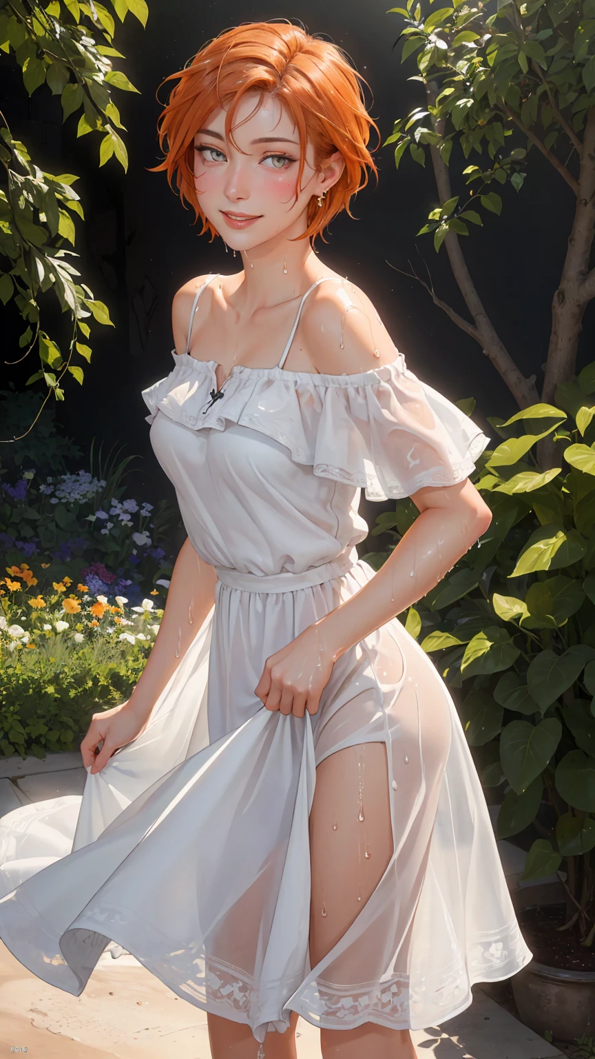 ((((masterpiece, best quality, high resolution)))), Extremely detailed 8K, Beautiful girl with voluptuous body, (Ultra HD, Ultra-detailed, Highly detailed, Highly realistic, Ultra-realistic, photograph realistic), (1girl:1.5), (orange hair), (short hair, shoulder length cut, earrings), (dynamic poses), facing at camera, looking at viewer, (blushing red, embarrassed, smile), (grey eyes, sharp eyes), (small breasts:1.2), (beautiful detailed face, beautiful detailed eyes), ((off shoulder loose sundress)), (detail pussy), (standing up), sweat, glow, (sunbeam, sunlight), ((cowboy shot)), garden, seductive, (glistening wet)
