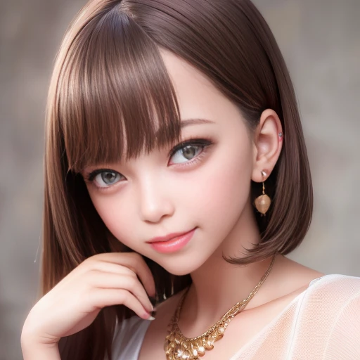 8k,(RAW Photos),(highest quality), (Photorealistic:1.4),Realistic skin texture 1 girl,cute,double eyelid,bangs,whole body,,Thin legs,(Slim figure),slim,smile,headgear,Earrings,necklace,Watching, watching, viewers,Face Focus,Depth of written boundary,club ,(Bust U...