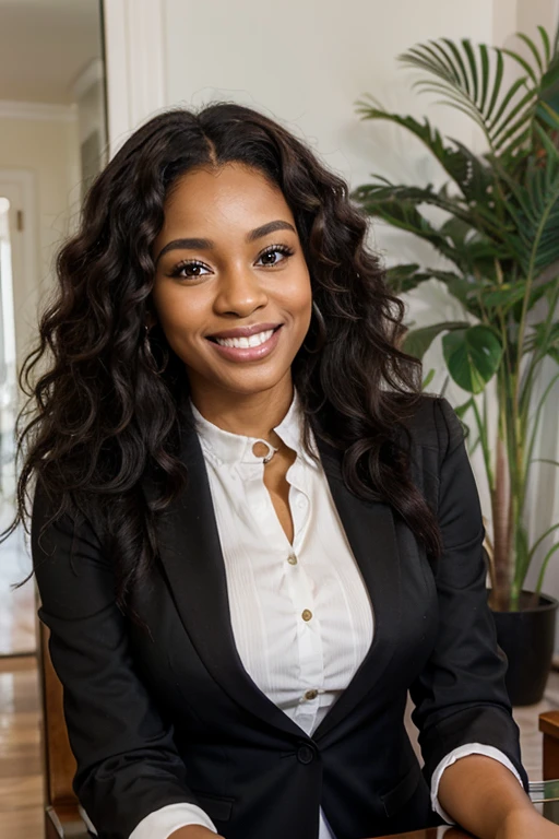 image of a [Black Woman with Curly Hair] [Brazilian Woman] and a [Welcoming Expression] [very detailed] with a [Beautiful Smile] and [Beautiful Eyes] who is 35 years old in a [Luxurious Setting] and [Vibrant Colors] ] [Wearing business clothes]