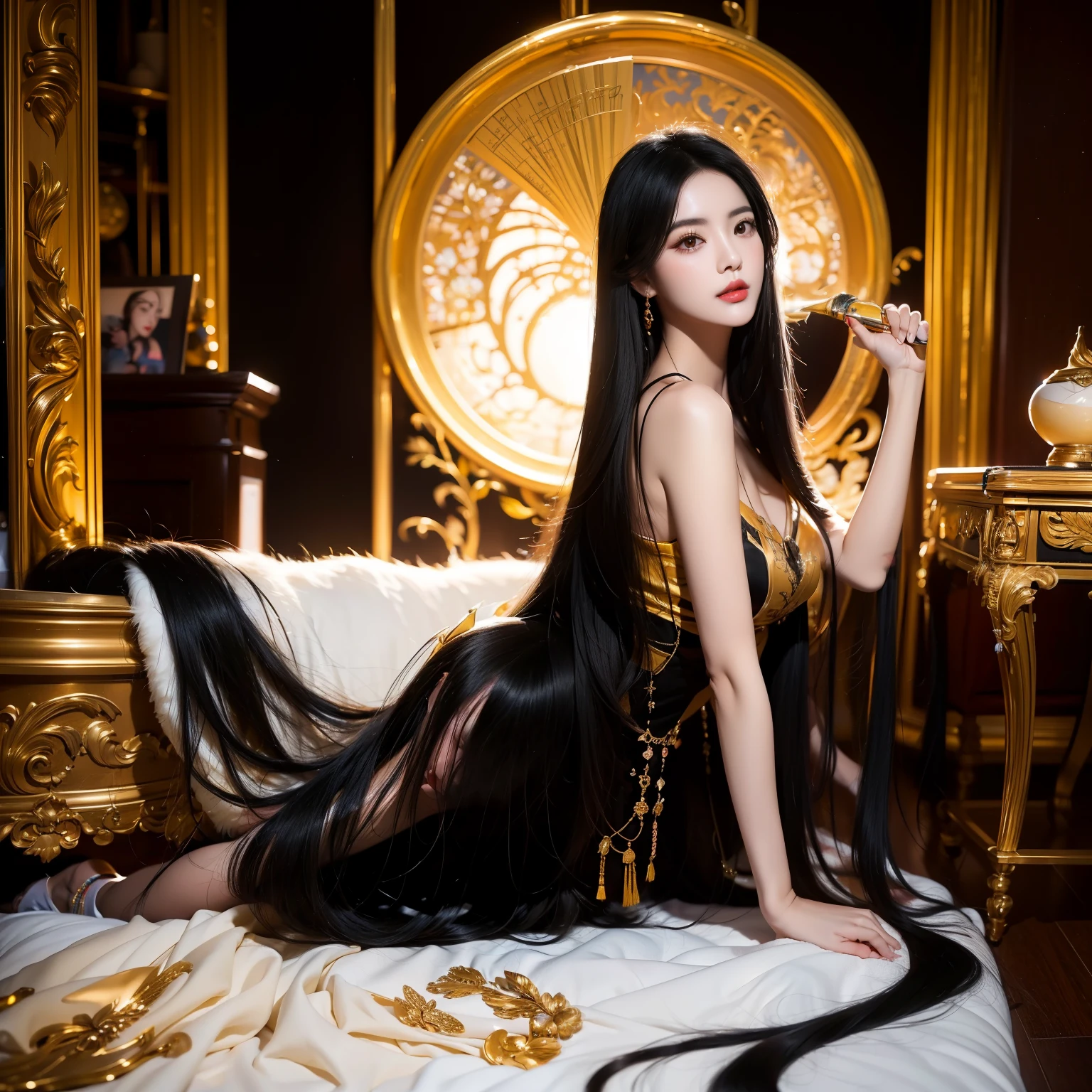 (masterpiece, highest quality:1.2), 1People Girls, alone(Best image quality、highest quality、Highest Resolution、Ultra-realistic photos、Full body photo、)1People Girls、Very long black hair, about 10 meters long、Black hair longer than my height、Straight black hair、naked、She is lying down and spreading her long black hair out on the bed.、Boasting long black hair、Showing off her long black hair、Lots of long black hair、My hair is too long and I'm at my wit's end、I'm thinking about cutting my hair short soon.、Maintaining the beauty of my hair is what gives me meaning in life、Don't forget to brush thoroughly every day、I shampoo every day、longest black hair in the world、The whole body is covered in black hair.、Brushing back long black hair、Long black hair is very heavy、My long black hair makes me look beautiful、Beautiful women all over the world admire my long black hair.、