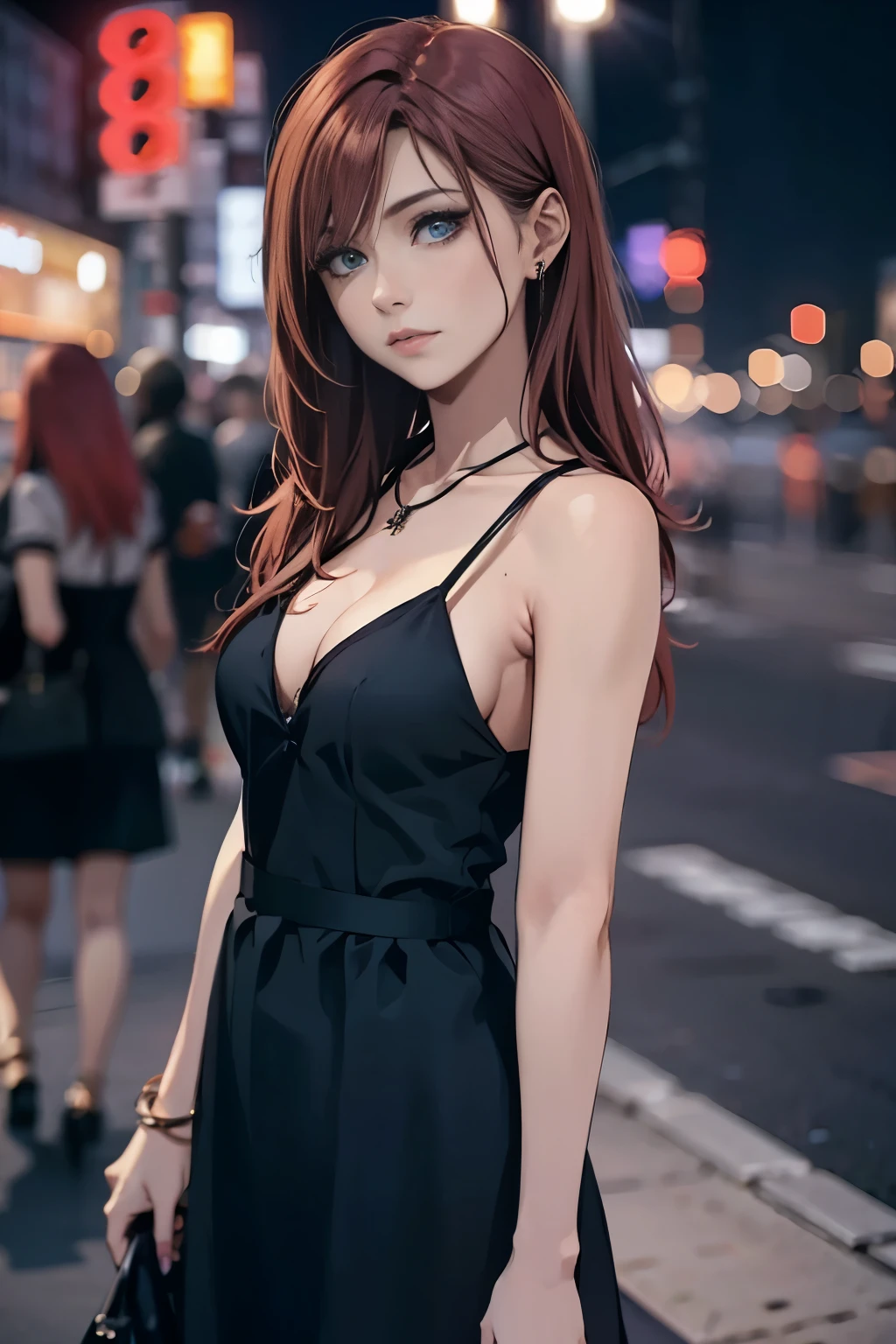 redhead woman sexy wearing black dress, emo, in the city, at night, 8k