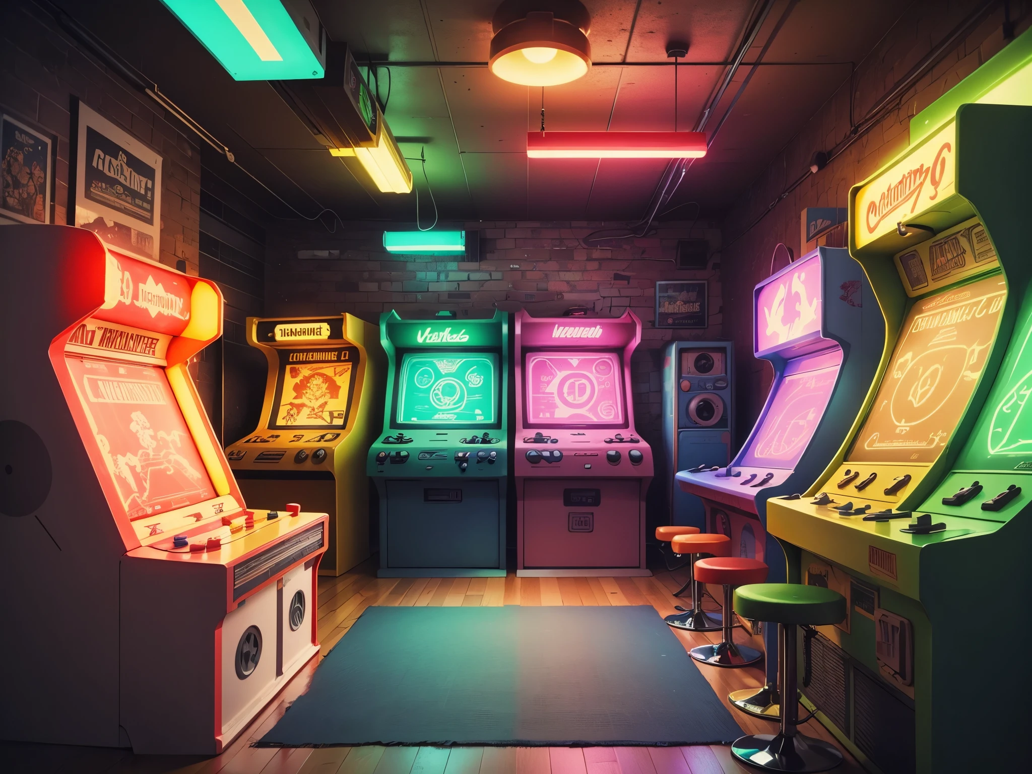 Create a nostalgic wallpaper featuring a retro gaming setup with a variety of classic consoles and controllers, surrounded by shelves filled with cartridges and CDs of beloved old-school games. Let the scene be illuminated by colorful neon lights, evoking the atmosphere of a vintage arcade.