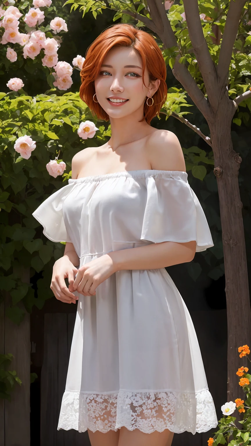 ((((masterpiece, best quality, high resolution)))), Extremely detailed 8K, Beautiful girl with voluptuous body, (Ultra HD, Ultra-detailed, Highly detailed, Highly realistic, Ultra-realistic, photograph realistic), (1girl:1.5), (orange hair), (short hair, shoulder length cut, earrings), (dynamic poses), facing at camera, looking at viewer, (blushing red, embarrassed, smile), (grey eyes, sharp eyes), (small breasts:1.2), (beautiful detailed face, beautiful detailed eyes), ((off shoulder loose sundress)), (detail pussy), (standing up), sweat, glow, (sunbeam, sunlight), ((cowboy shot)), garden, seductive