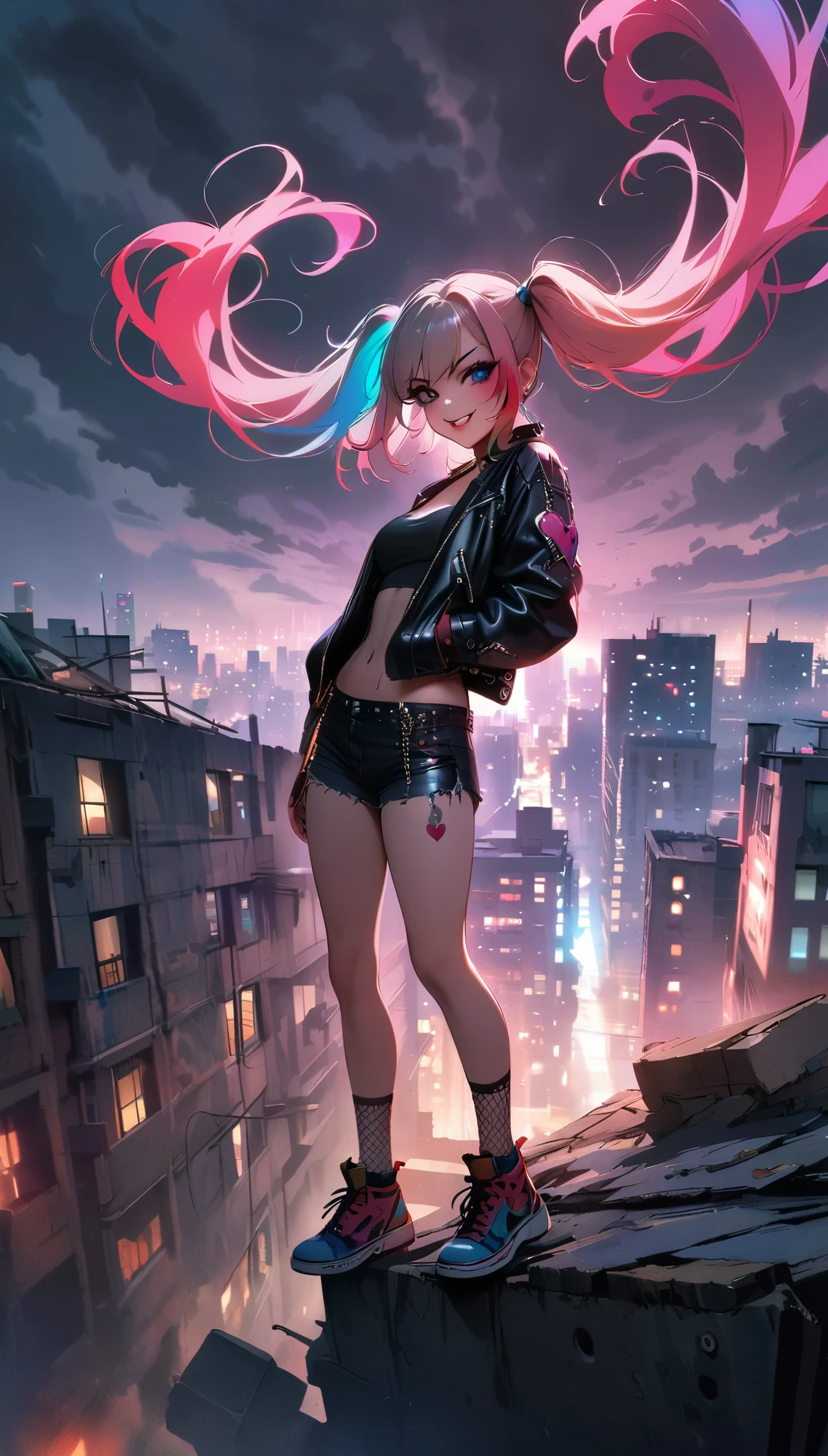 (masterpiece:1.3), (best movie quality:1.2), (medium：cartoon), (best quality),Harley Quinn standing Standing on the Rooftop,Dark and dramatic atmosphere,focus blur,city skyline in background,Dark clouds gather overhead,Vibrant and contrasting colors,ominous lighting,Red and black embellishments,Eye makeup smudge,Weird and naughty expression,Smiling threateningly,Abandoned buildings,wind blown hair,Leather jacket and shorts,Fishnet socks,Colorful double ponytail,Punk fashion,The air is filled with secrets and mysteries.