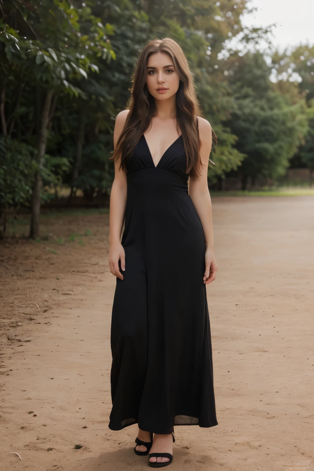RAW photo, best quality, ultra high resolution, photorealistic woman, natural brown eyes, minutely detailed, normal skin, brown hair, long hair, full view, natural makeup, subtle makeup, beautiful black dress, full body