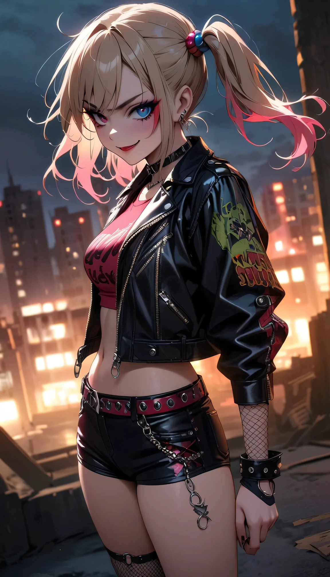 (masterpiece:1.3), (best movie quality:1.2), (medium：cartoon), (best quality),Harley Quinn standing Standing on the Rooftop,Dark and dramatic atmosphere,focus blur,city skyline in background,Dark clouds gather overhead,Vibrant and contrasting colors,ominous lighting,Red and black embellishments,Eye makeup smudge,Weird and naughty expression,Smiling threateningly,Abandoned buildings,wind blown hair,Leather jacket and shorts,Fishnet socks,Colorful double ponytail,Punk fashion,The air is filled with secrets and mysteries.