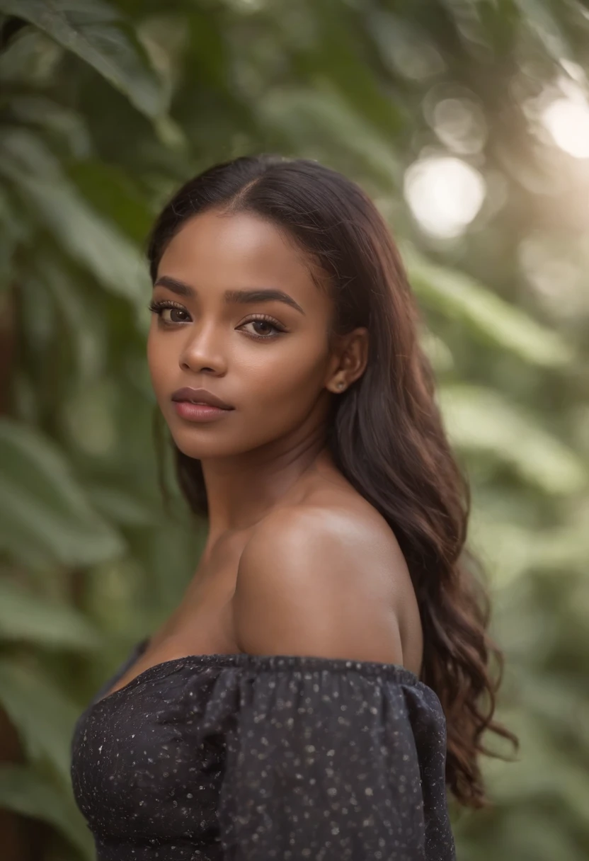 high quality, young black woman, light skn, thick thighs, hyper detailed perfect brown eyes, unbuttoned clothes, no bra, , sexy,