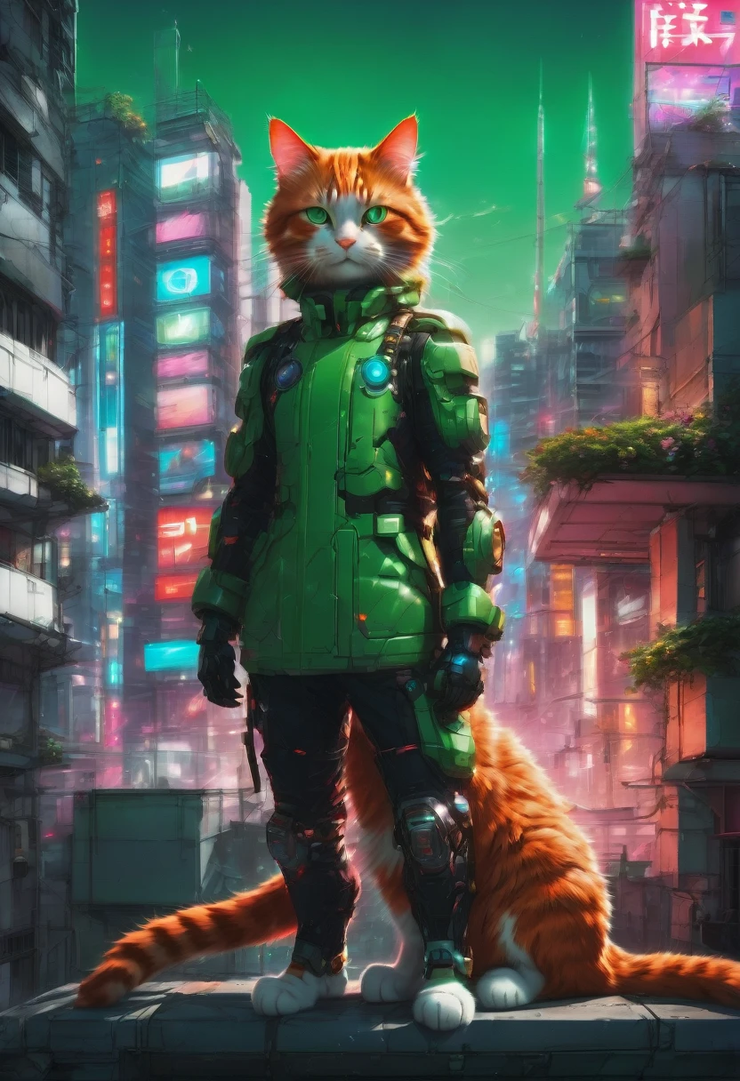 1boy,(human:1.5),Person Standing on the Rooftop,aesthetic,Person Standing on the Rooftop and Rookwood Studios Studio 2010 Anime Series, square enix anime decora green colored theme, robotech styling with red accents and a white cat on the left, artwork by Studio Ghibli, Makoto Shinkai, Artgerm, Shinkai America, Portra 400, catboy 6 0 s, anime masterpiece, art by artgerm and greg rutkowski and alphonse mucha, high detail, volumetric lighting, 8k