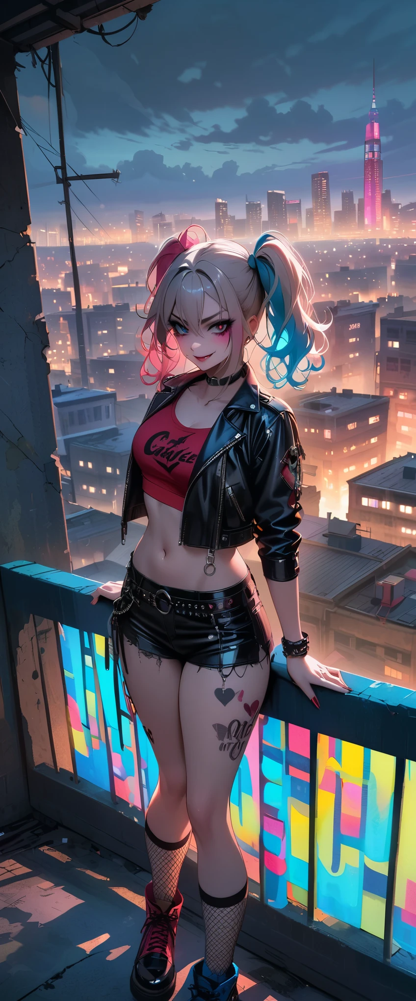 (masterpiece:1.3), (best movie quality:1.2), (medium：cartoon), (best quality),Harley Quinn standing Standing on the Rooftop,Dark and dramatic atmosphere,focus blur,city skyline in background,Dark clouds gather overhead,Vibrant and contrasting colors,ominous lighting,Red and black embellishments,Eye makeup smudge,Weird and naughty expression,Smiling threateningly,Abandoned buildings,wind blown hair,Leather jacket and shorts,Fishnet socks,Colorful double ponytail,Punk fashion,The air is filled with secrets and mysteries.