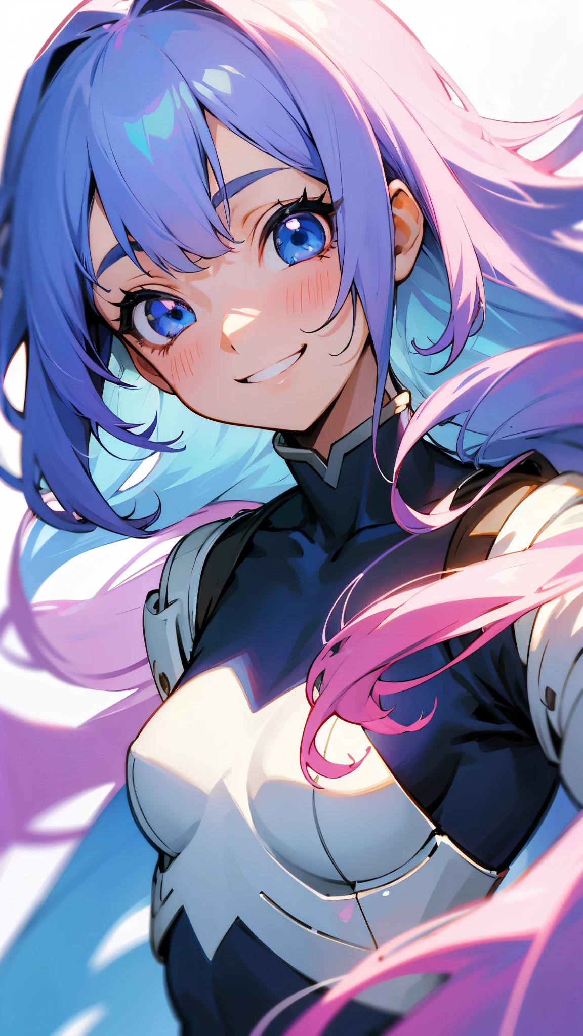 1 girl、pink hair、beautiful anime girl、small breasts、long hair、bangs、blue hair、light blue eyes、upper body close-up、grin and laugh