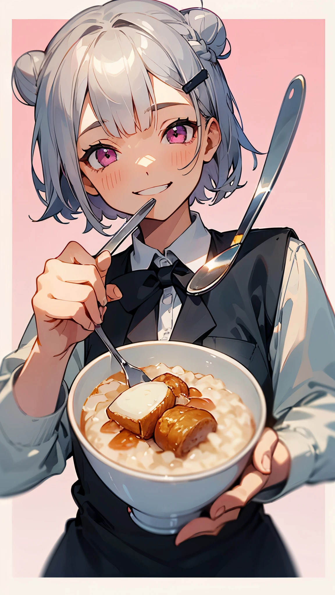 (highest quality,High resolution,Very detailed),eat porridge, Short silver bob hair tied in a bun with a hair clip, Pink Eyes、spoon, Grin、Background blur, Depth of written border