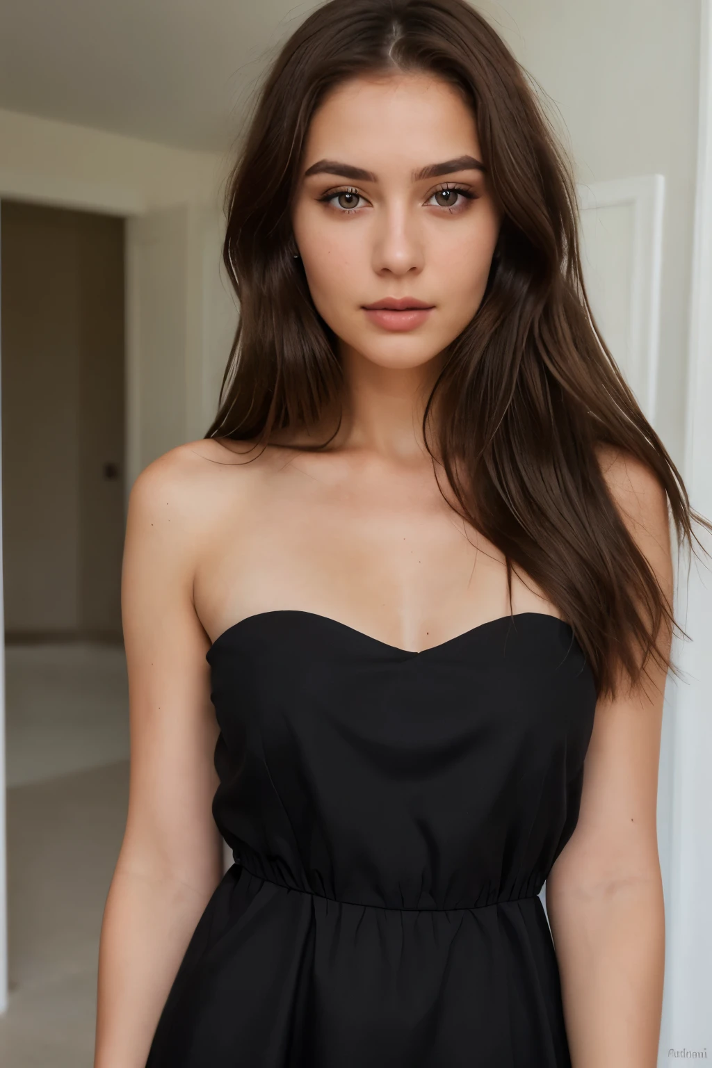 Andrea, La misma chica, A beautiful stunning Caucasian woman with long black curly hair., Cara detallada, Cara perfecta, Ojos color avellana, Cuerpo completo y perfecto. Con un vestido corto negro y un top., Al aire libre