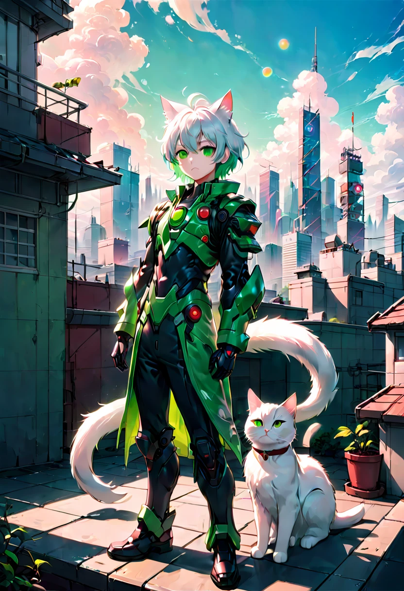 1boy,(human:1.5),Person Standing on the Rooftop,aesthetic,Person Standing on the Rooftop and Rookwood Studios Studio 2010 Anime Series, square enix anime decora green colored theme, robotech styling with red accents and a white cat on the left, artwork by Studio Ghibli, Makoto Shinkai, Artgerm, Shinkai America, Portra 400, catboy 6 0 s, anime masterpiece, art by artgerm and greg rutkowski and alphonse mucha, high detail, volumetric lighting, 8k