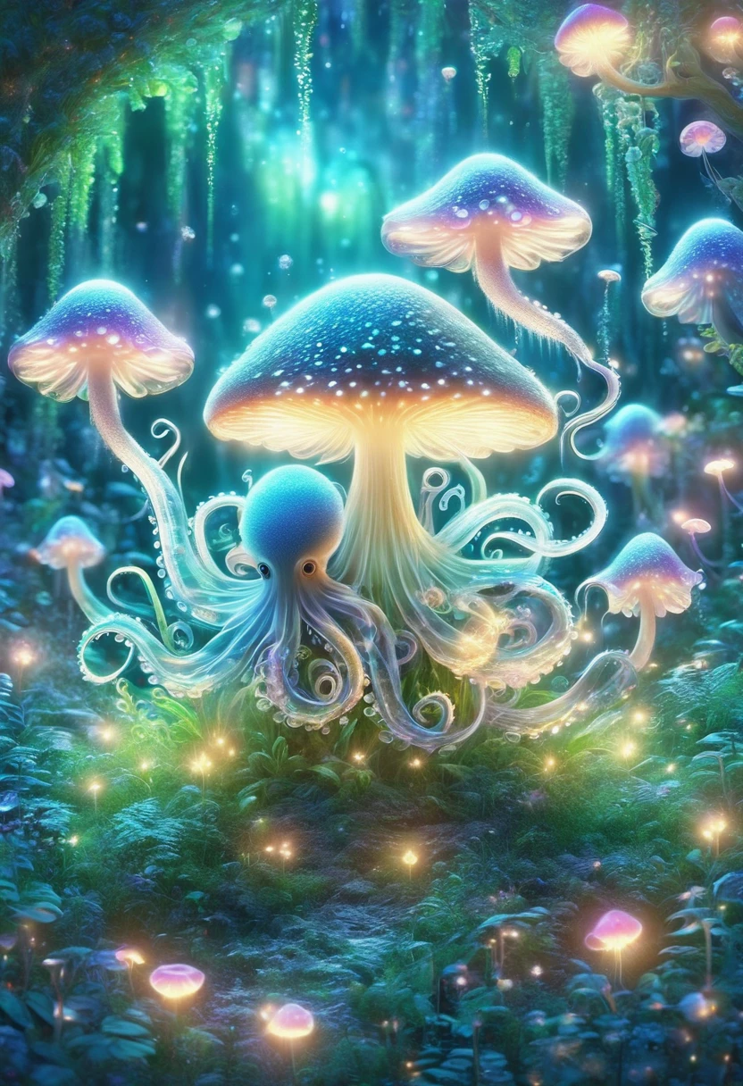 in a magical forest of lush idyllic, exotic green plants and lush flowers, Crystal clear water seeps: 1.2, ((Small creature with features of a mushroom and an octopus on top, Beeple and Jeremiah Ketner, an alien fungus with tentacles: 1.7)), very beautiful and cute:1.3, Detailed small eyes, and thin mouth, too cute, Fantasy, magic, mythological, fairy tale, magic tale, Detailed background, Global illumination:1.2, Celestial illumination:1.2, al magic lighting, backlight, , 3d stylized rendering, 3D rendering beep, Highly detailed 4K digital illustrations, Beeple's Daily Illustrations, Cute Detailed digital illustrations, Detailed 3D digital illustrations, 8K high quality detailed illustrations, State of the art VFX Autodesk Maya, Post-production