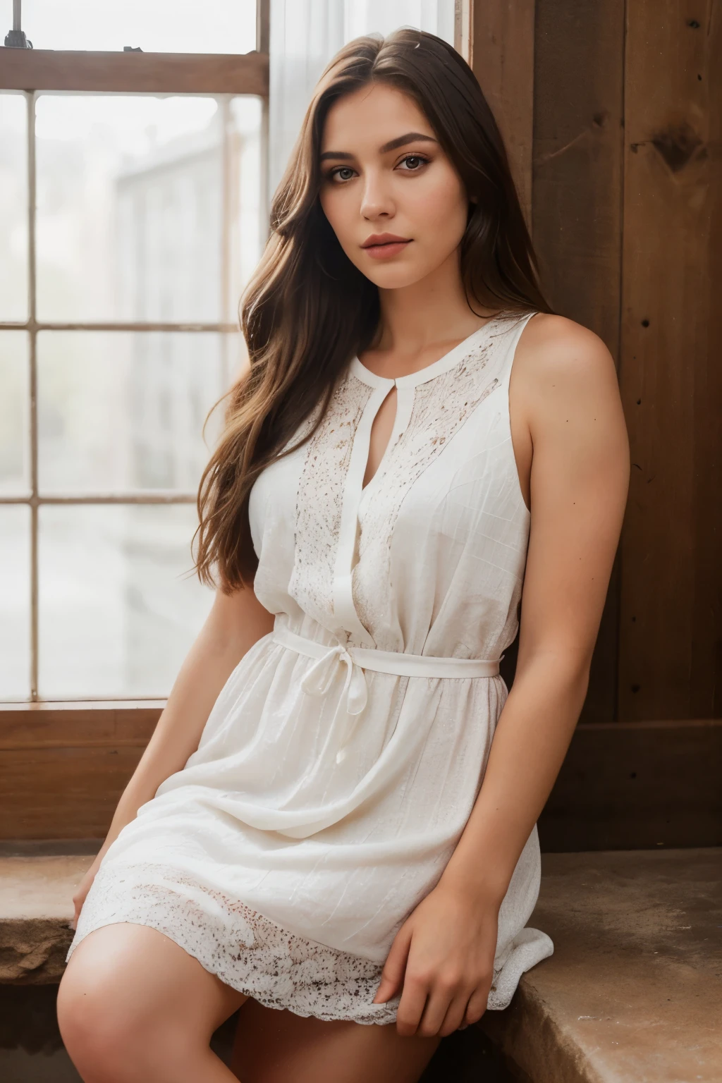 RAW photo, best quality, ultra high resolution, photorealistic woman, natural brown eyes, minutely detailed, normal skin, brown hair, long hair, full view, natural makeup, subtle makeup, beautiful black dress, full body