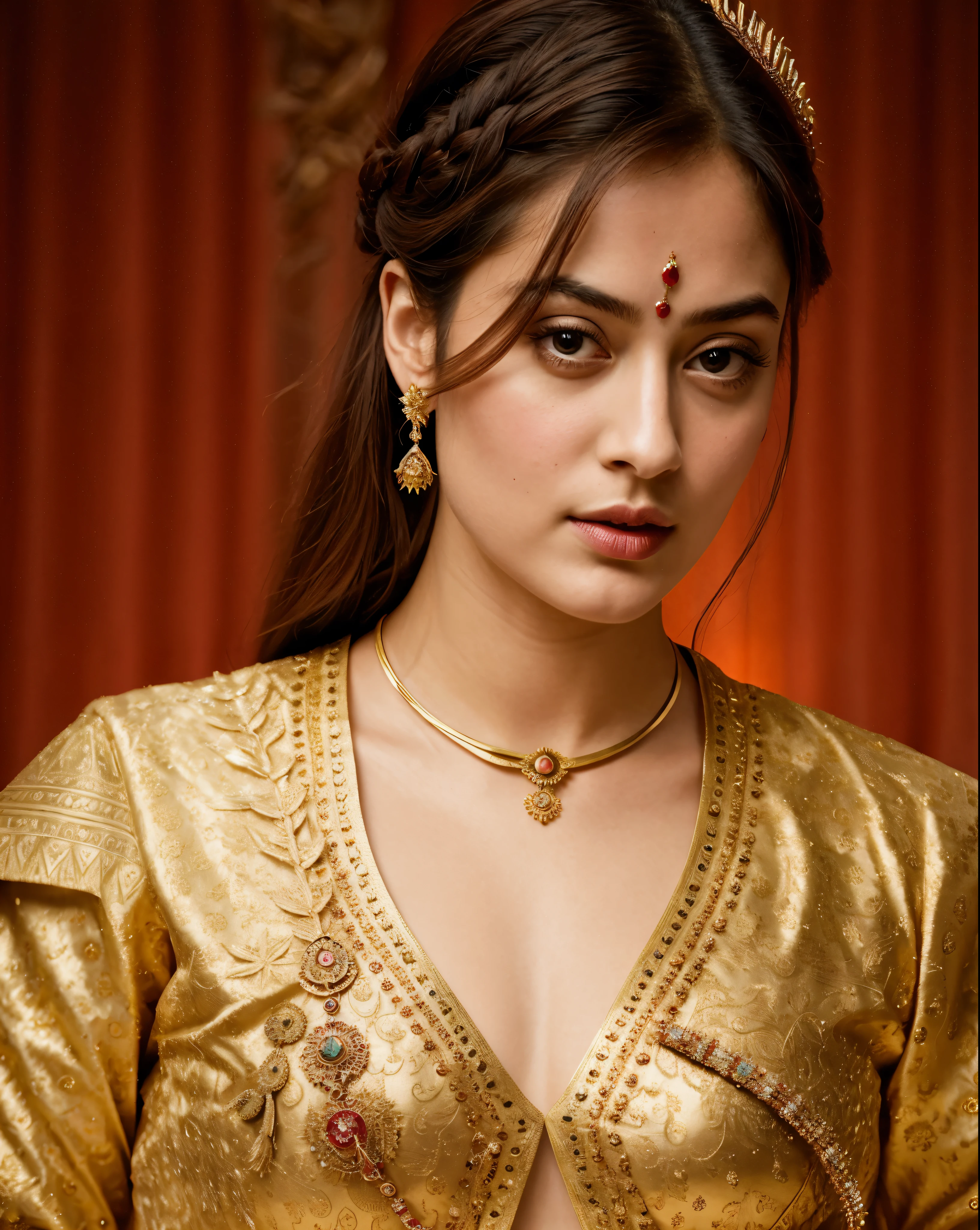 Looks like Sandeepa Dhar, "Design an illustration of a stunning and powerful warrior queen with a regal presence. She should possess a combination of strength and grace. Imagine her in ornate, yet practical armor that complements her figure. The armor should be adorned with intricate details and symbols representing her royal lineage and warrior prowess. Her weapon of choice could be a unique and elegant sword or a mythical weapon that reflects her status as a formidable leader.
Her facial features should exude confidence and determination, with piercing eyes that convey both fierceness and wisdom. The queen's hair, whether long or short, should flow dynamically, hinting at her movement in battle. Consider incorporating elements that emphasize her connection to nature or a mythical realm, such as ethereal backgrounds, symbolic animals, or mystical symbols.
Pay attention to the color palette; use rich, bold colors that enhance her royal aura. Experiment with lighting to highlight specific details and create a sense of drama. Ensure that her posture and expression capture the essence of a queen who commands respect and admiration. Feel free to draw inspiration from historical warrior queens or fictional characters, blending elements to create a unique and captivating image."