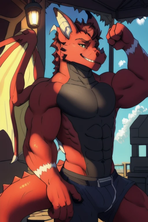 (((Jonathan the hybrid Dragon with a tail that is the color red with a  black chest and muscles, muscle , day, sexy, sensual, detailed, uploaded to e621, beautiful and detailed portrait of an anthropomorphic with He has all 
, ((male ))) kenket, Ross Tran, ruan jia, uploaded to e621, zaush, foxovh, movie lighting, skinny, alone, with his wings and flexing one of his arms