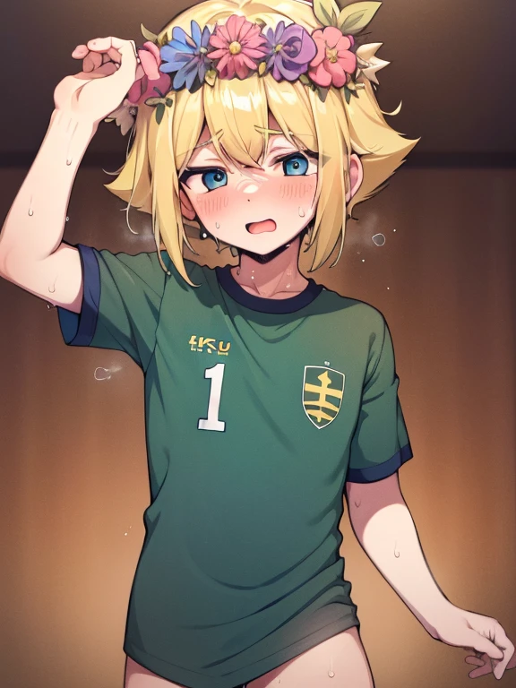 (best quality,4k,8k,highres,masterpiece:1.2),ultra-detailed,cute,blonde-haired boy with a head flower,green-haired boy with a head wreath, sweat, playing soccer, soccer uniform, blush, butt