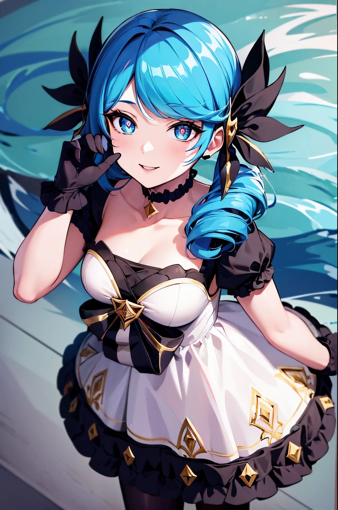 (from above:1.5), (masterpiece, best quality:1.2), expressive eyes, perfect face, highres, 1girl, solo, black bow, black gloves, black legwear, blue eyes, blue hair, bow, collarbone, dress, drill hair, frilled dress, frills, gloves, gwen \(league of legends\), hair ornament, league of legends, long hair, puffy sleeves, pink pupils, white dress, x, x hair ornament, smiling, waving, standing, full body portrait, looking at the viewer