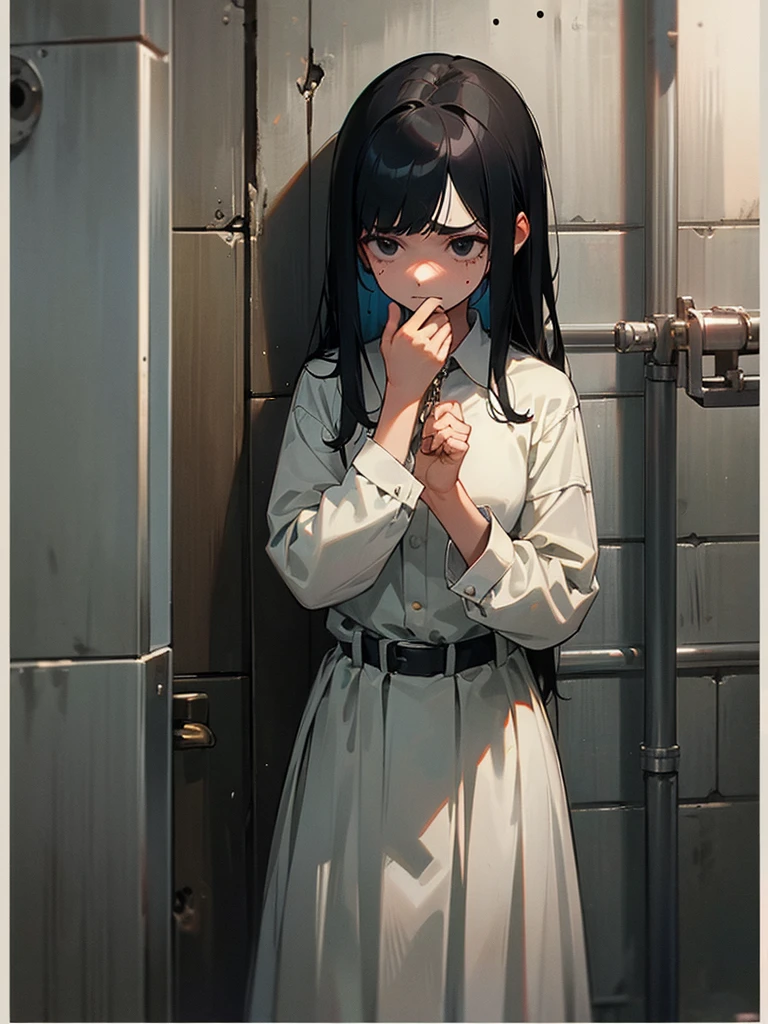 1girl, prison, penitentiary, prisonner clothes, handcuffed, black hair, black eyes, sad, scared, despondent, crushed
