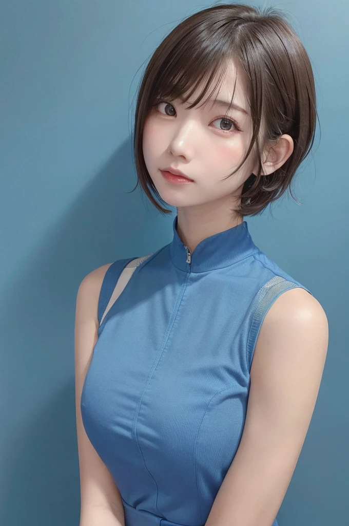 masterpiece, best quality, 1girl, profile face, stunning face, blue background, blurry, blown eyes, short hair, upper body