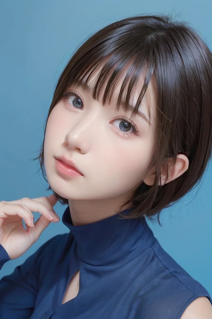 masterpiece, best quality, 1girl, profile face, stunning face, blue background, blurry, blown eyes, short hair, upper body