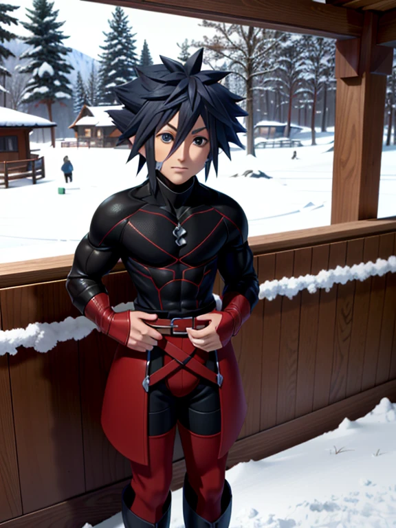 ((ultra detallado, Obra maestra, absurdos))
 KHSora, 1 chico, solo, By the chestnut, blue eyes, pelo de punta, ski lodge, ambiente invernal, standing with snow covered trees, cozy sweater, warm charm