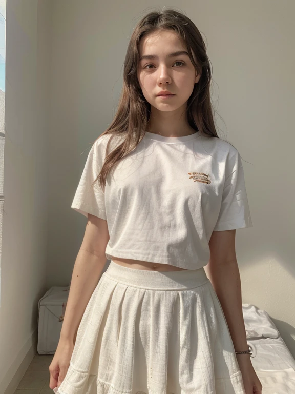 a cute 15 years old girl, white skin, masterpiece, textured skin, super detail, high details, high quality, 8k,
wearing a shirt stomuch visible, small skirt, wearing a eyer rings, littile smell
