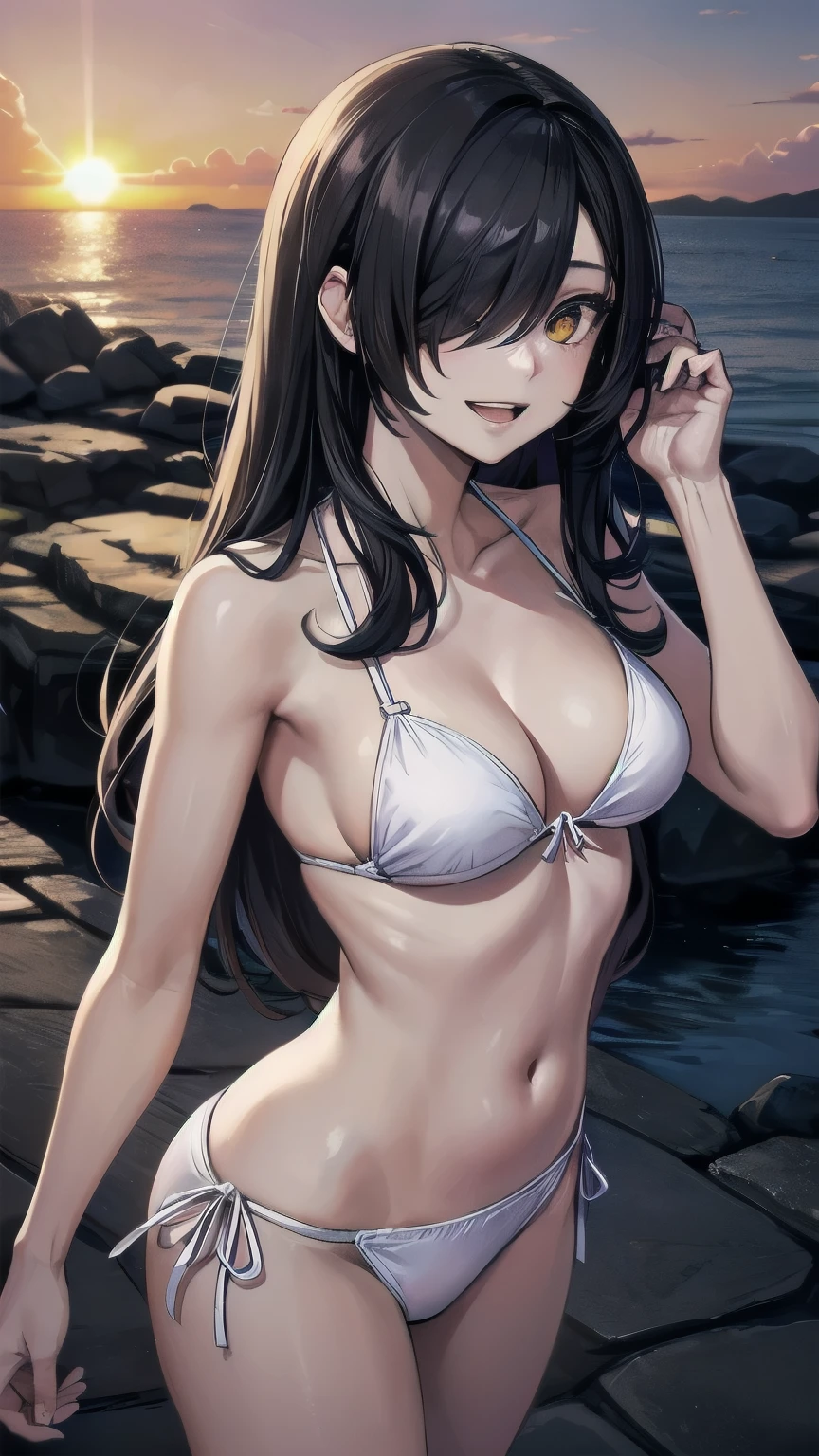 (masterpiece), best quality, expressive eyes, perfect face, mature female, medium breasts, Cleavage, long hair, (hair over one eye), very long hair, straight hair, black hair BREAK yellow eye BREAK white bikini BREAK grass, palmtree, sunset sky, orange sky, standing, light smile, open mouth, looking at viewer, seaside, frilled bikini