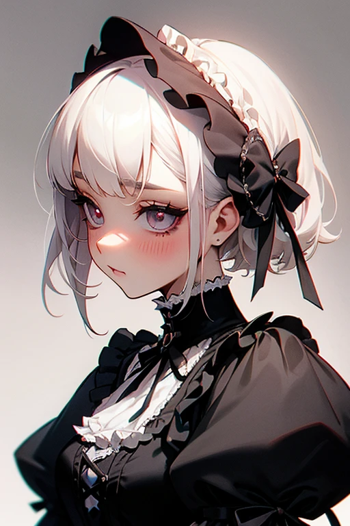 Short white hair, blush, Gothic Lolita、Punk Fashion、Headbang 2.、Black clothes、Elegant Lolita、Victorian Maiden、