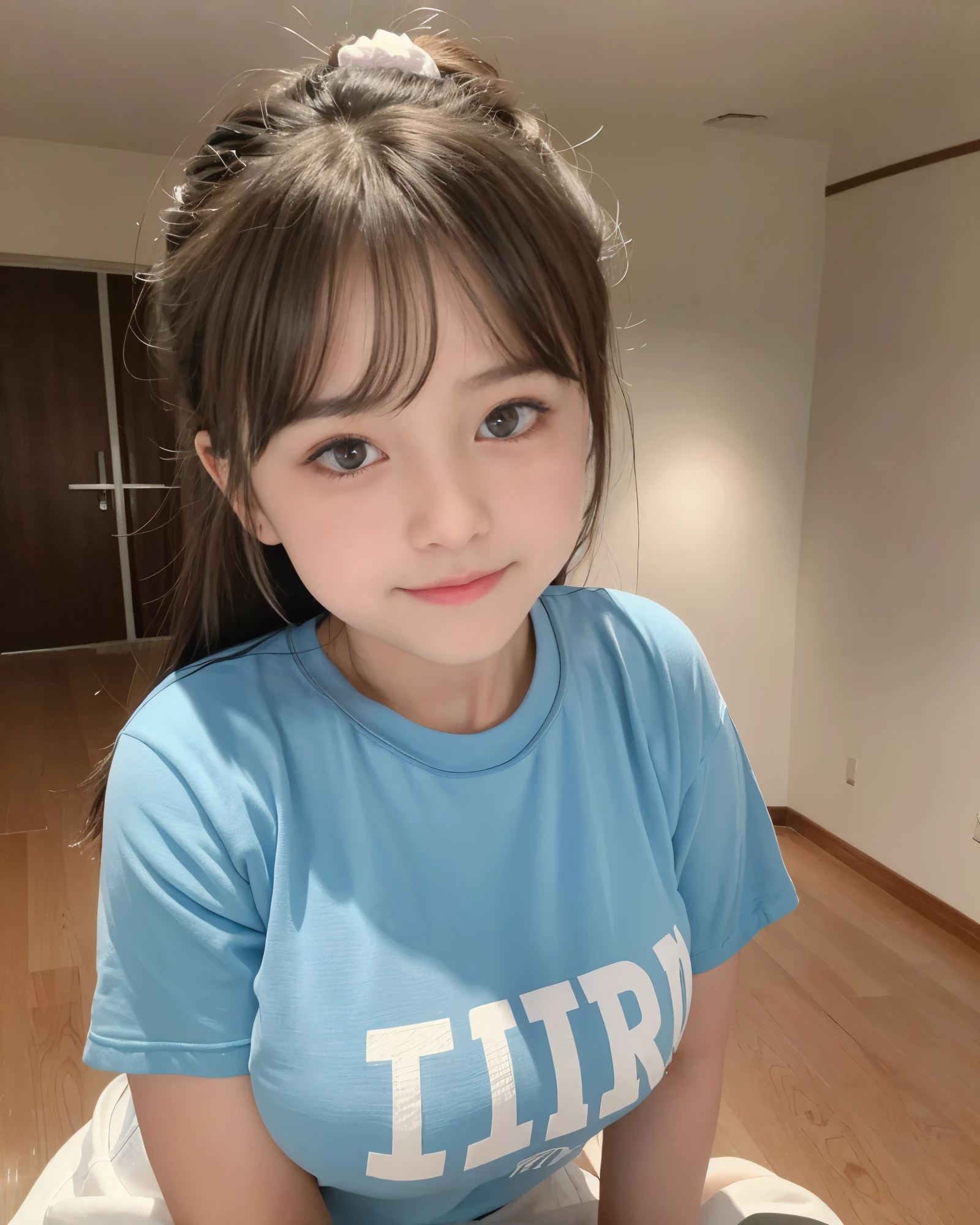 adorable, 1 girl, ((10 years old)), smile happy, medium portrait, scrunchie hair, (face details: 1), (eye details: 1), ((big breasts)), cleavage. sports t-shirt, wet sweat. Gym room. proportional body..Ultra High Res.photorealistic:.1.4, UHD