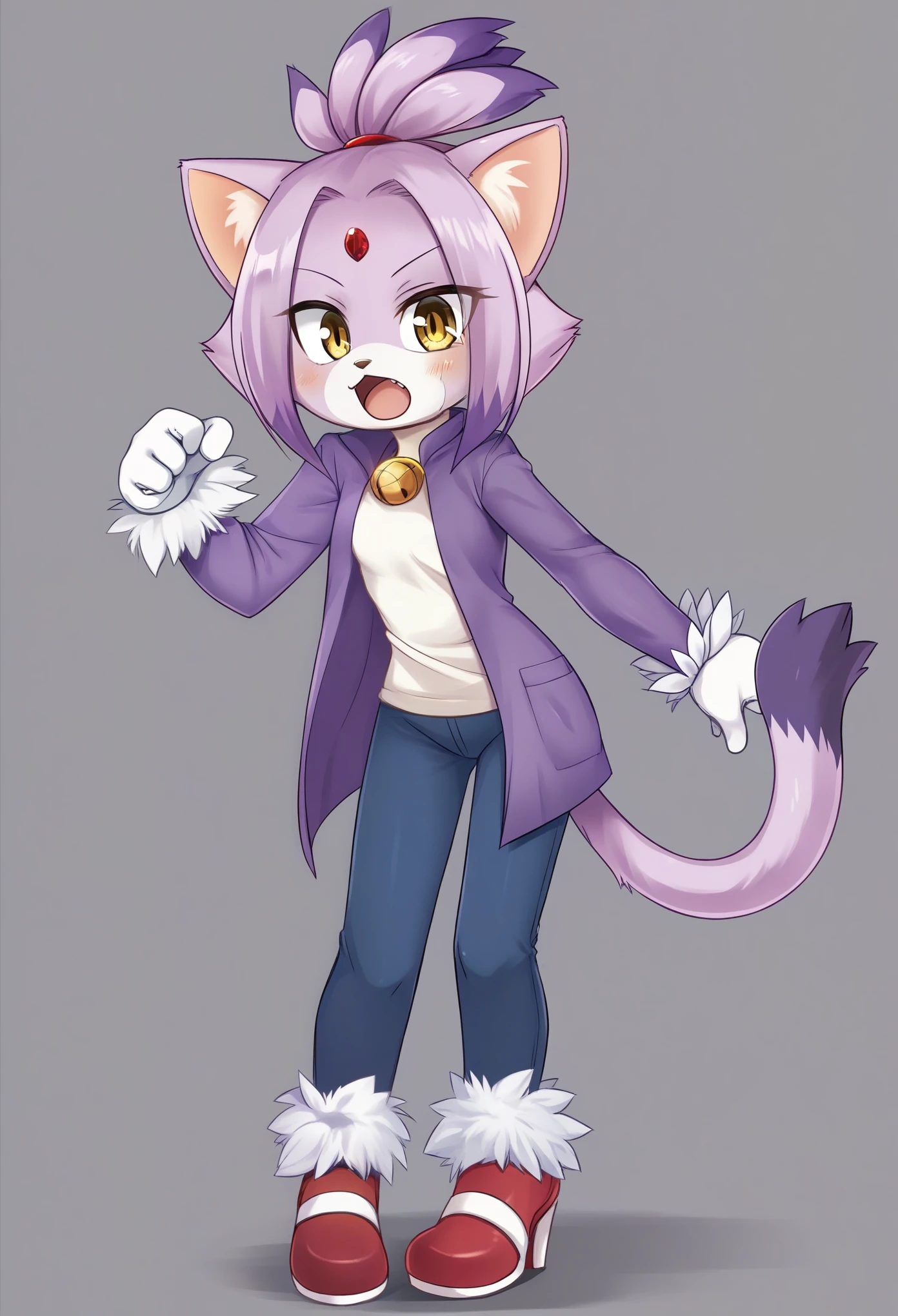 Blaze the cat, mouth open, 1girl, gloves, forehead_jewel, fur-trimmed_gloves, furry_female, solo, furry, animal_ears, simple_background, yellow_eyes, fur_trim, topknot, tail, high_heels, cat_girl, white_gloves, cat_ears, cat_tail, standing, full_body, flat_chest, purple_hair, fur-trimmed_footwear, black_background, multicolored_hair, arms_at_sides, white_pants, hair_tie, purple_coat, clenched_hands, looking_at_viewer, two-tone_hair, body_fur, pants, animal_nose, shoes, short_hair, coat, shiny, gem, red_footwear, long_sleeves, blush, leaning_foward, bent_over