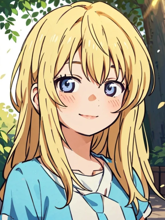 1 chica, kaorimiyazonor4, pelo rubio, cabello ondulado largo, pelo entre los ojos, pale indigo eyes, mujer madura, cara madura, hermosa sonrisa, boca abierta, rubor de nariz, vestido blanco sin tirantes, Calle, (fondo borroso, primer plano borroso, profundidad de campo, ambient lighting:1.3), Destello de lente, light particles, tomorrow, luz de sol,