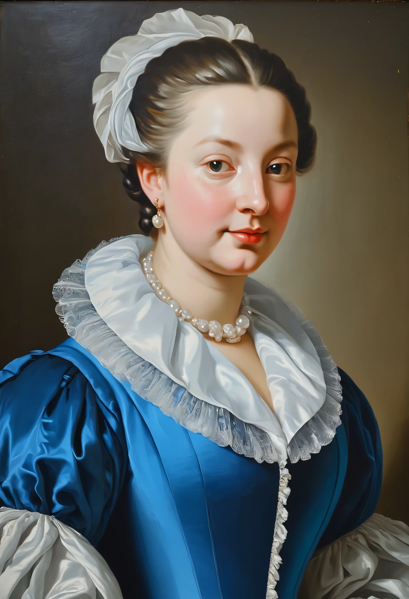 painting of a woman in a blue dress with a white collar, a portrait of a plump woman, inspired by Jean-Baptiste van Loo, inspired by Jan van de Cappelle, inspired by Charles-André van Loo, inspired by Bartholomeus van der Helst, inspired by Pompeo Batoni, inspired by Johannes Cornelisz Verspronck, close portrait