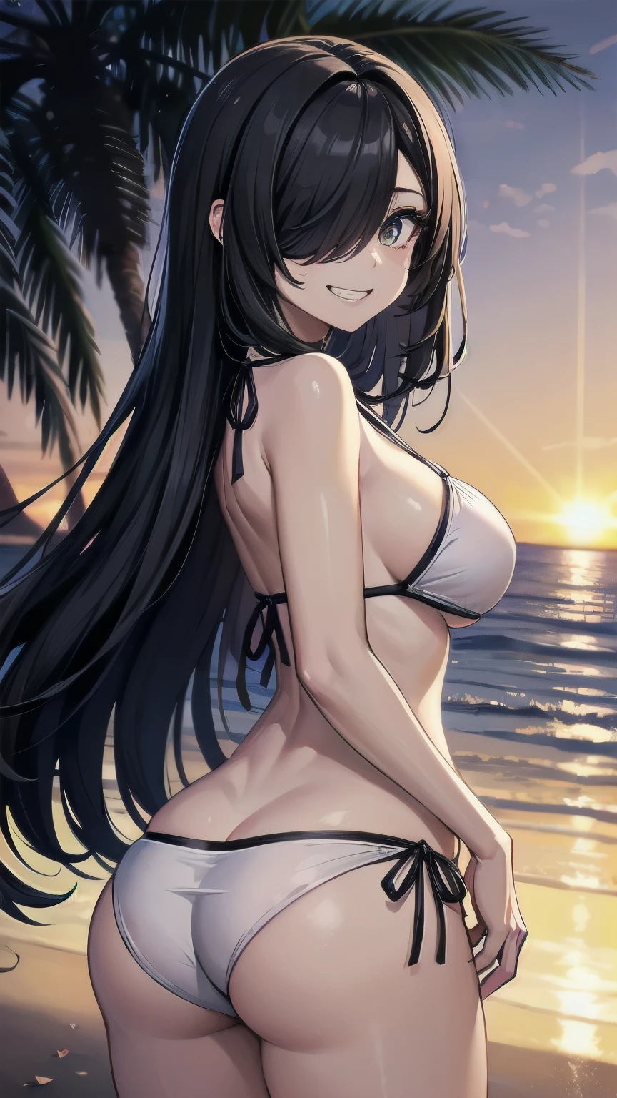 (masterpiece), best quality, expressive eyes, perfect face, mature female, medium breasts, Cleavage, long hair, (hair over one eye), very long hair, straight hair, black hair BREAK yellow eye BREAK white bikini BREAK grass, palmtree, sunset sky, orange sky, standing, light smile, grin, looking at viewer, seaside, frilled bikini, from behind, looking back, cute butt