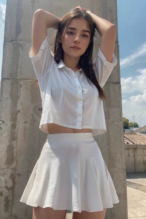 a beautifull girl, white skin, masterpiece, textured skin, super detail, high details, high quality, 8k, she looking at sky
wearing a shirt, stomuch visible, stomuch visible, bellu visble, small skirt, wearing a eyer rings, littile smlie, wet body,