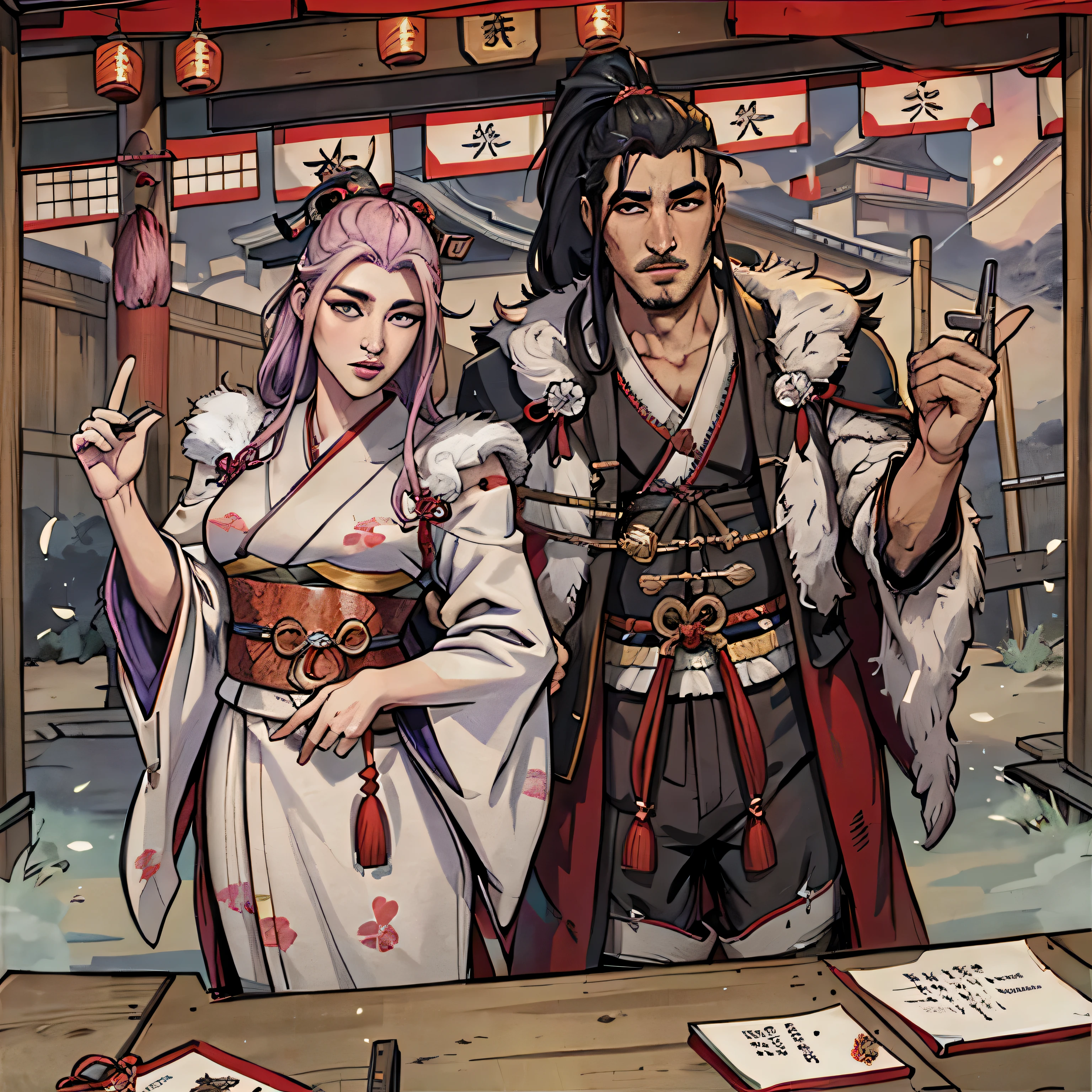 Male traders in the era of feudal Japan, men making deal with japanese emperor