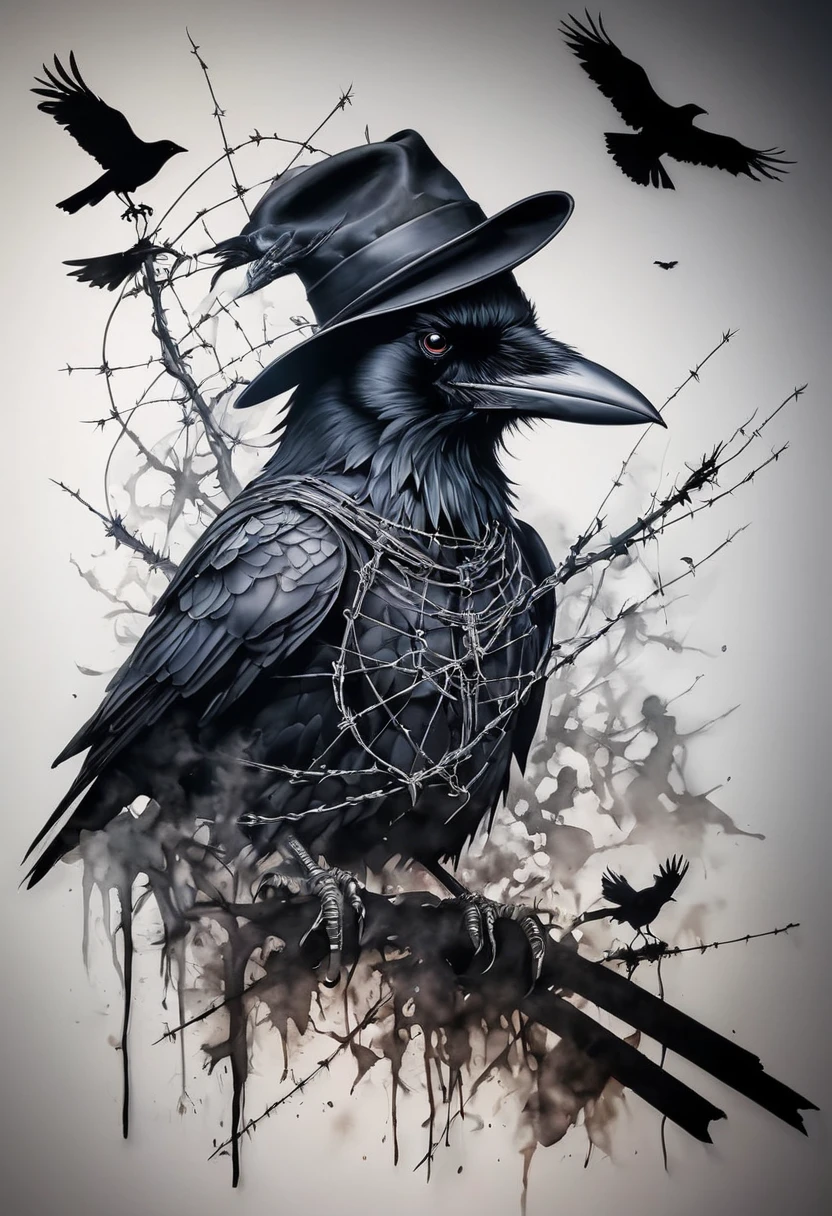 Vektor Create an exquisite ink malen on white paper that is the perfect multi-exposure work of art. This piece should combine the shadow volume of a crow and a scarecrow and barbed wire. hyperrealistisch.Tattoo-Stil, Tinte zuckte zusammen, leere Farben ,black and white , filmisch, Illustration, malen, Foto, Poster, schwarze Fantasie