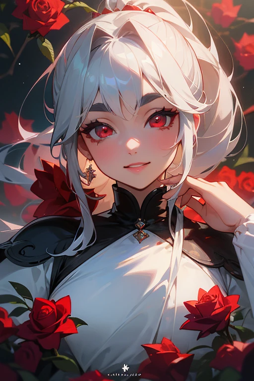 (highest quality, masterpiece:1.2), High resolution, Very detailed, Realistic:1.37, Fantasy, An illustration,Gray Hair、 Red eyes、Queen, White Dress、Platinum decoration、beautifully、Eyeshadow Red、Thick eyebrows、Long eyelashes、pupils are black、shiny on the lips、Top Sites、Queen、Princess、ponytail、A kind smile、Show your teeth a little and smile、Soft impression、people々々々々々Loved by、Roses in hand、