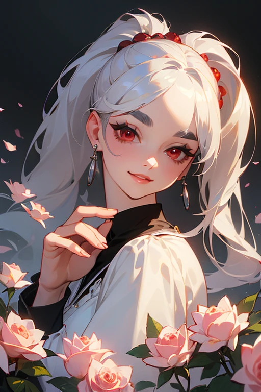 (highest quality, masterpiece:1.2), High resolution, Very detailed, Realistic:1.37, Fantasy, An illustration,Gray Hair、 Red eyes、Queen, White Dress、Platinum decoration、beautifully、Eyeshadow Red、Thick eyebrows、Long eyelashes、pupils are black、shiny on the lips、Top Sites、Queen、Princess、ponytail、A kind smile、Show your teeth a little and smile、Soft impression、people々々々々々Loved by、Roses in hand、