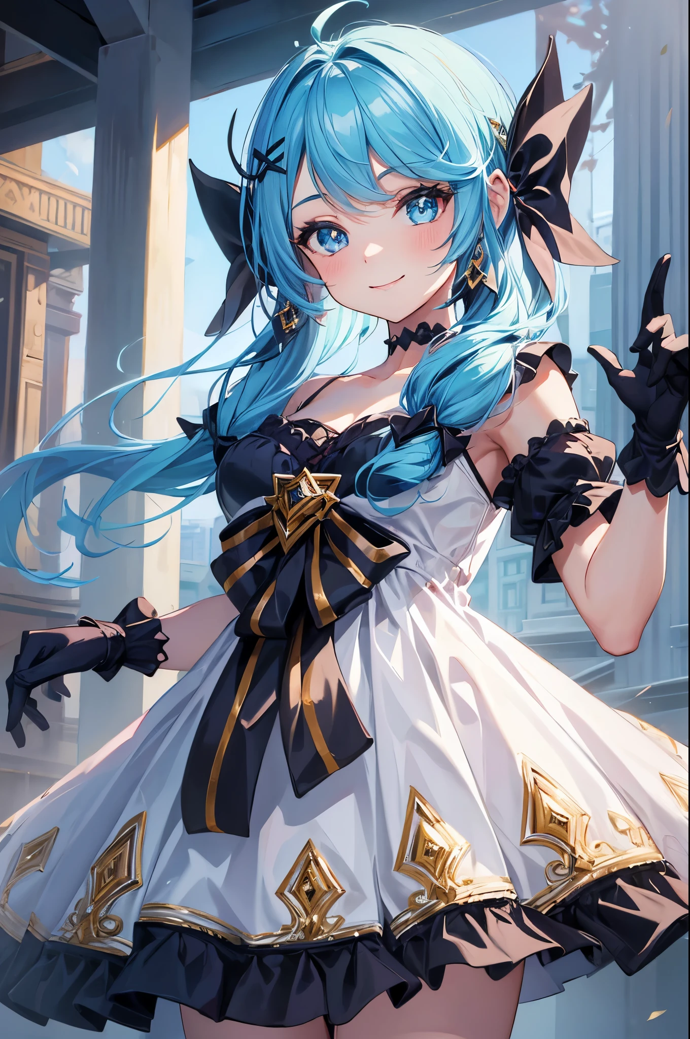 (masterpiece, best quality:1.2), expressive eyes, perfect face, highres, 1girl, solo, black bow, black gloves, black legwear, blue eyes, blue hair, bow, collarbone, dress, drill hair, frilled dress, frills, gloves, gwen \(league of legends\), hair ornament, league of legends, long hair, puffy sleeves, pink pupils, white dress, x, x hair ornament, smiling, waving, standing, cowboy shot, looking at the viewer