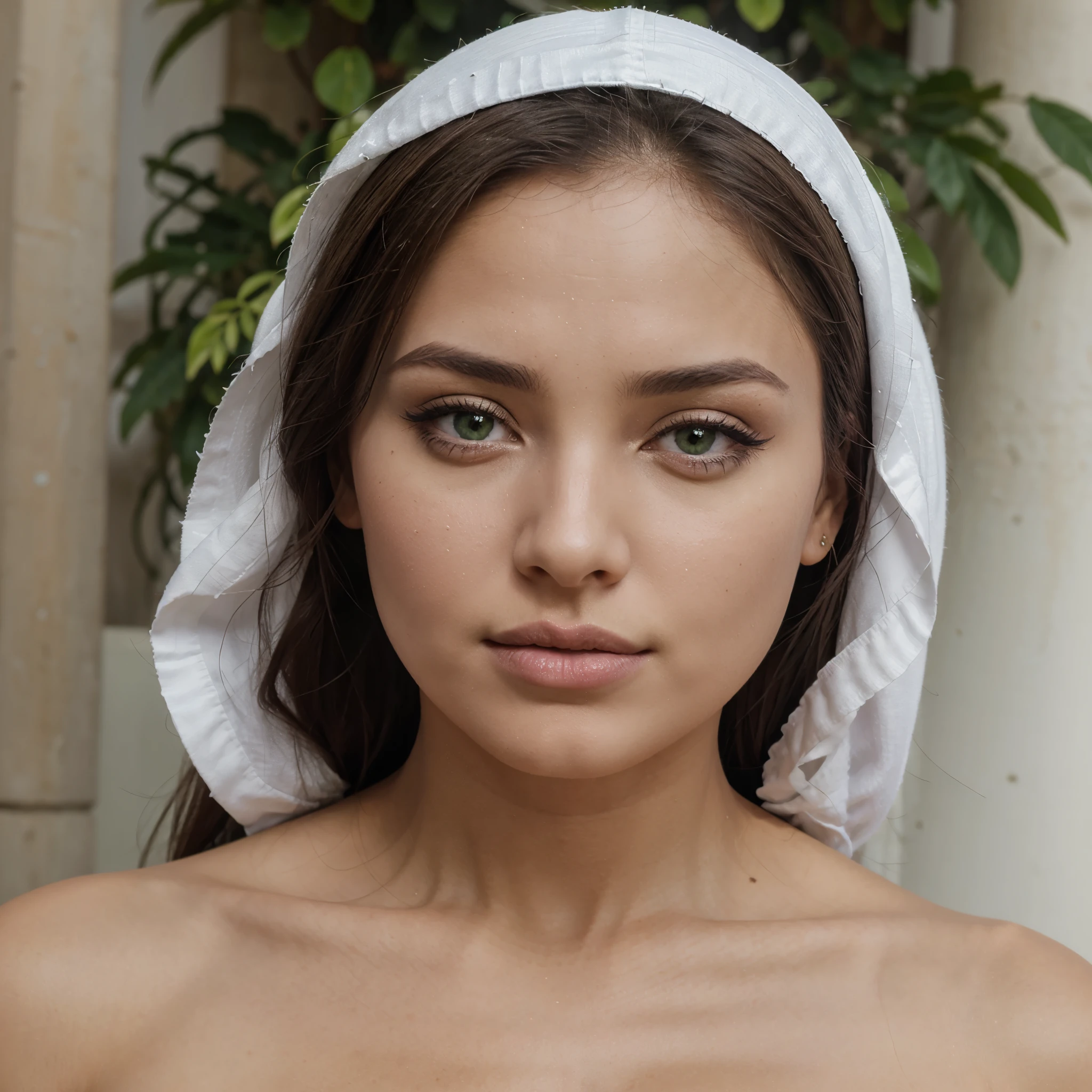 jeune femme de 25 ans, brune aux yeux bleus, topless, dans un champ, transparent linen veil on the shoulders