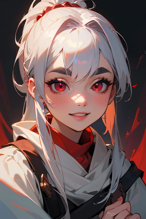 (highest quality, masterpiece:1.2), High resolution, Very detailed, Realistic:1.37, Fantasy, An illustration,Gray Hair、 Red eyes、Queen, White Dress、Platinum decoration、beautifully、Eyeshadow Red、Thick eyebrows、Long eyelashes、pupils are black、shiny on the lips、Top Sites、Queen、Princess、ponytail、A kind smile、Show your teeth a little and smile、Soft impression、people々々々々Loved by、