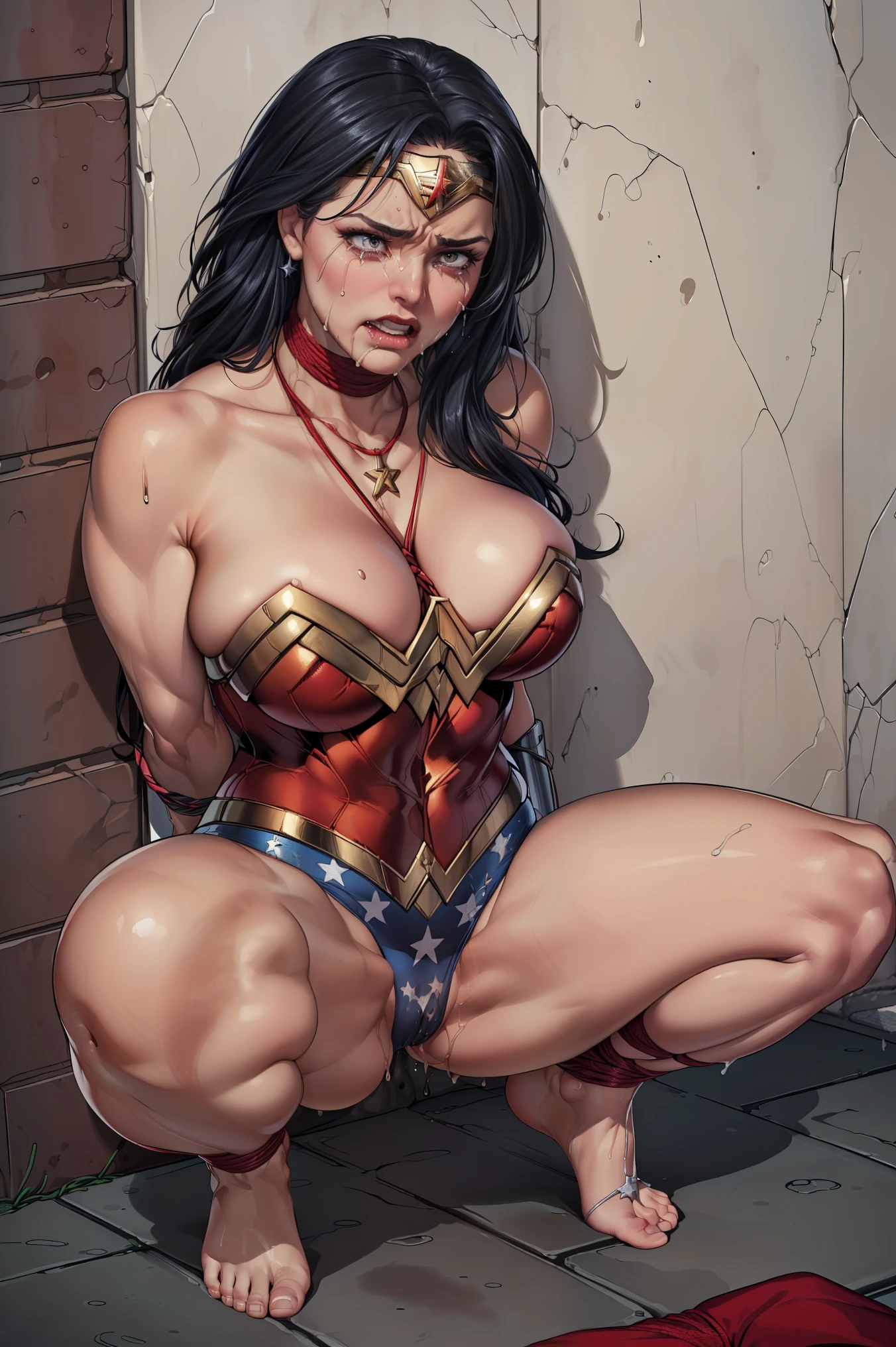 (((WONDERWOMAN TEM SEU CORPO EXPOSTO PARA VENDA NO MERCADO DE ESCRAVAS))), (((WONDER WOMAN SUPERHEROINE is barefoot))), ((WONDER WOMAN IS WEARING STARRY LACE PANTIES)) ,((SUPERHEROINE mulher maravilha IS A FILTHY OLD WHORE)), ((emotional expression,expression of pain and despair, gritando de dor, expression of suffering, olhos arregalados, maravilha, ((Wonder is crouched in the corner, tremendo de medo)), (Ela's crying a loa tem cabelo preto, ela tem cabelo longo)), ((Ela wears a thick metal necklace around her neck....)), (obra-prima, melhor qualidade) 1.5, 1 garota, sozinho, (sensual, mulher bonita, rosto perfeito, olhos perfeitos), corpo inteiro. tears running down your face)), ((Mulher Maravilha, arms tied behind the back, Shibari, painful restraint by ropes), (((emotional expression,expression of pain and despair, gritando de dor, expression of suffering, olhos arregalados, expression of fear))).