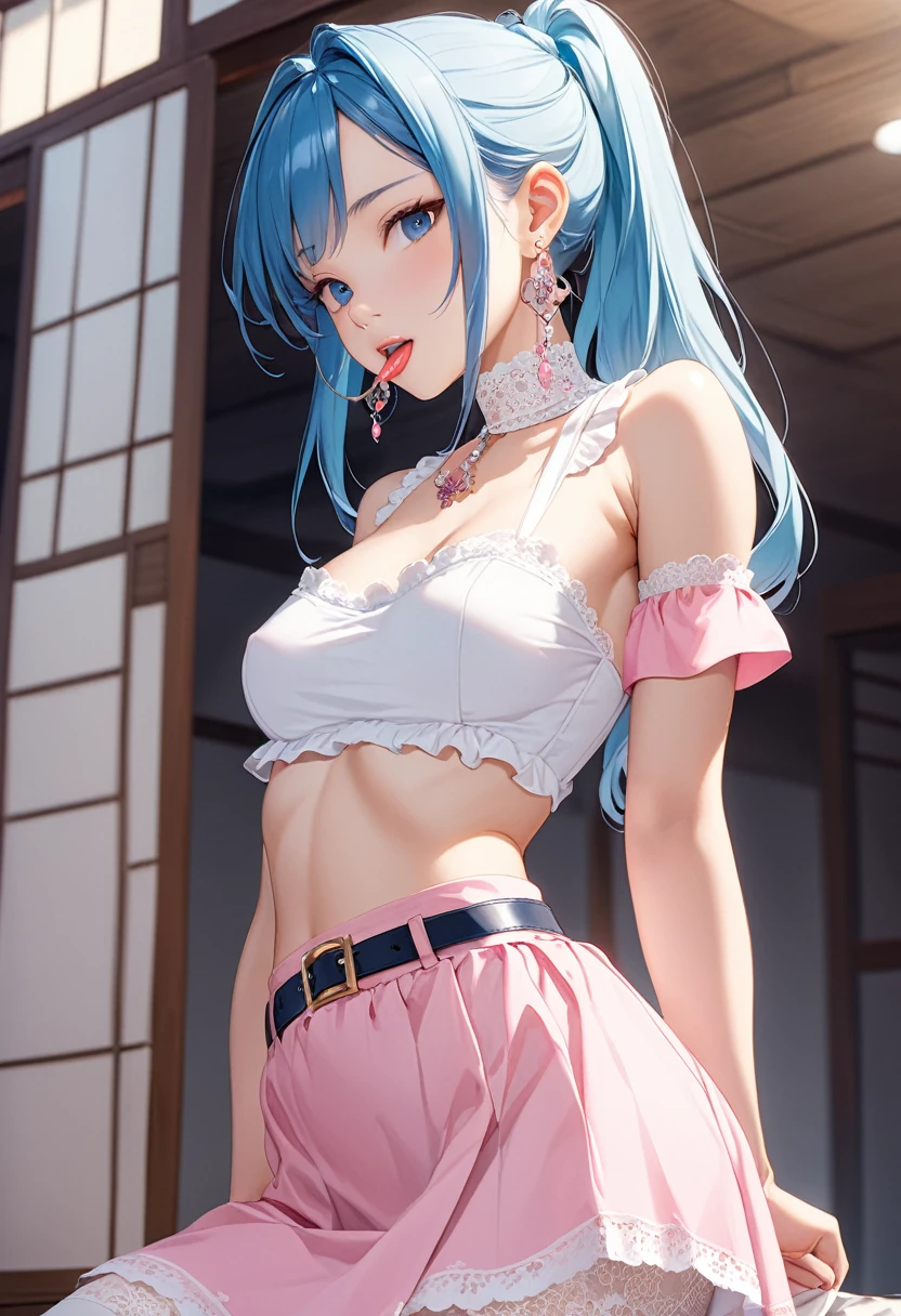 18 years old, Japanese, long blue hair tied in two ponytails, slender, medium-sized firm breasts, perfect and firm ass, tongue piercing, nipple piercing, beautiful earrings in the ears.
clothes - white and pink maid uniform, short skirt, deep neckline, white lace choker around the neck, white stockings with a belt, white lace thong.
in normal times, modest dresses, long skirts and blouses.
underwear is always very sexy and revealing.