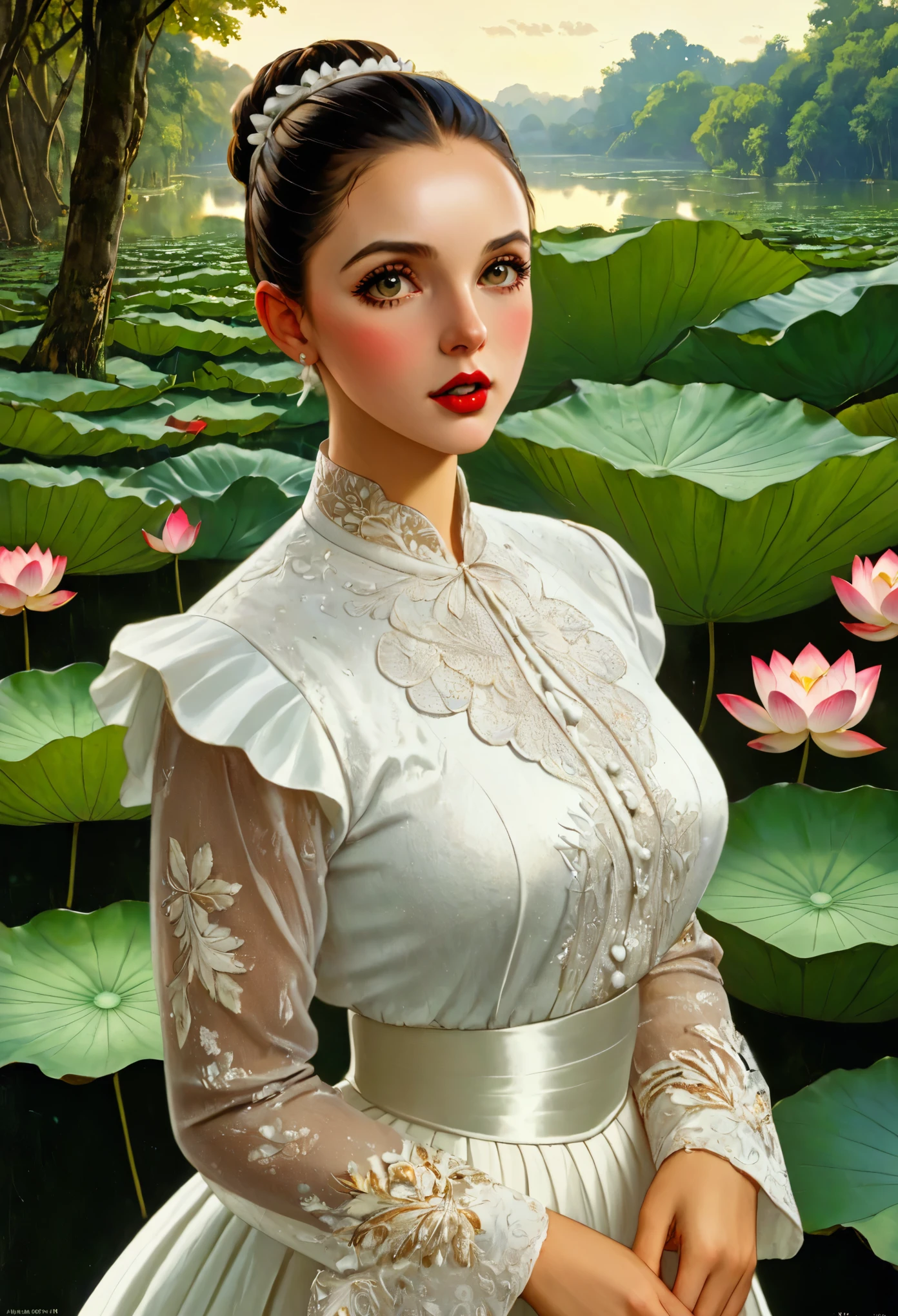 (best quality,4k,8k,highres,masterpiece:1.2),ultra-detailed,(realistic,photorealistic,photo-realistic:1.37),beautiful detailed eyes,beautiful detailed lips,extremely detailed eyes and face,long eyelashes,1girl,white skirt,black hair,bun,red lips,solo,giant lotus leaf,dress,long sleeve,looking at the audience,leaves,sitting