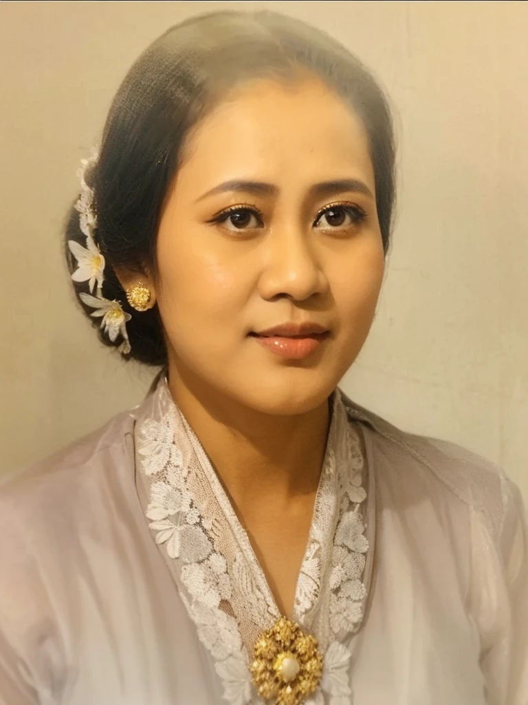 Lukisan Raden Ajeng Kartini, dengan sanggul, kebaya putih, gambar setengah badan, latar kuning